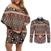 Vintage Bula Fiji Couples Matching Off Shoulder Short Dress and Long Sleeve Button Shirt Brown Tapa Masi Motif LT9 Brown - Polynesian Pride