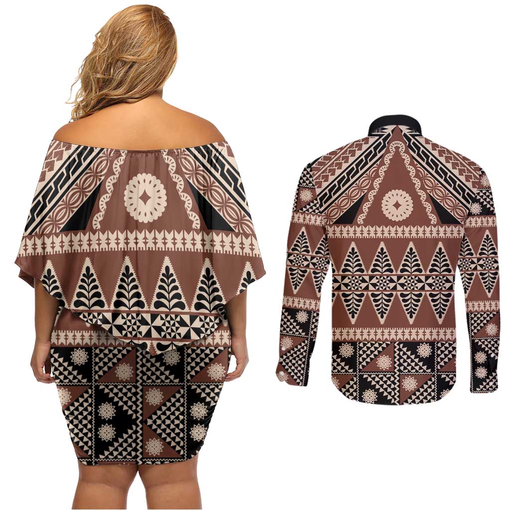 Vintage Bula Fiji Couples Matching Off Shoulder Short Dress and Long Sleeve Button Shirt Brown Tapa Masi Motif LT9 - Polynesian Pride