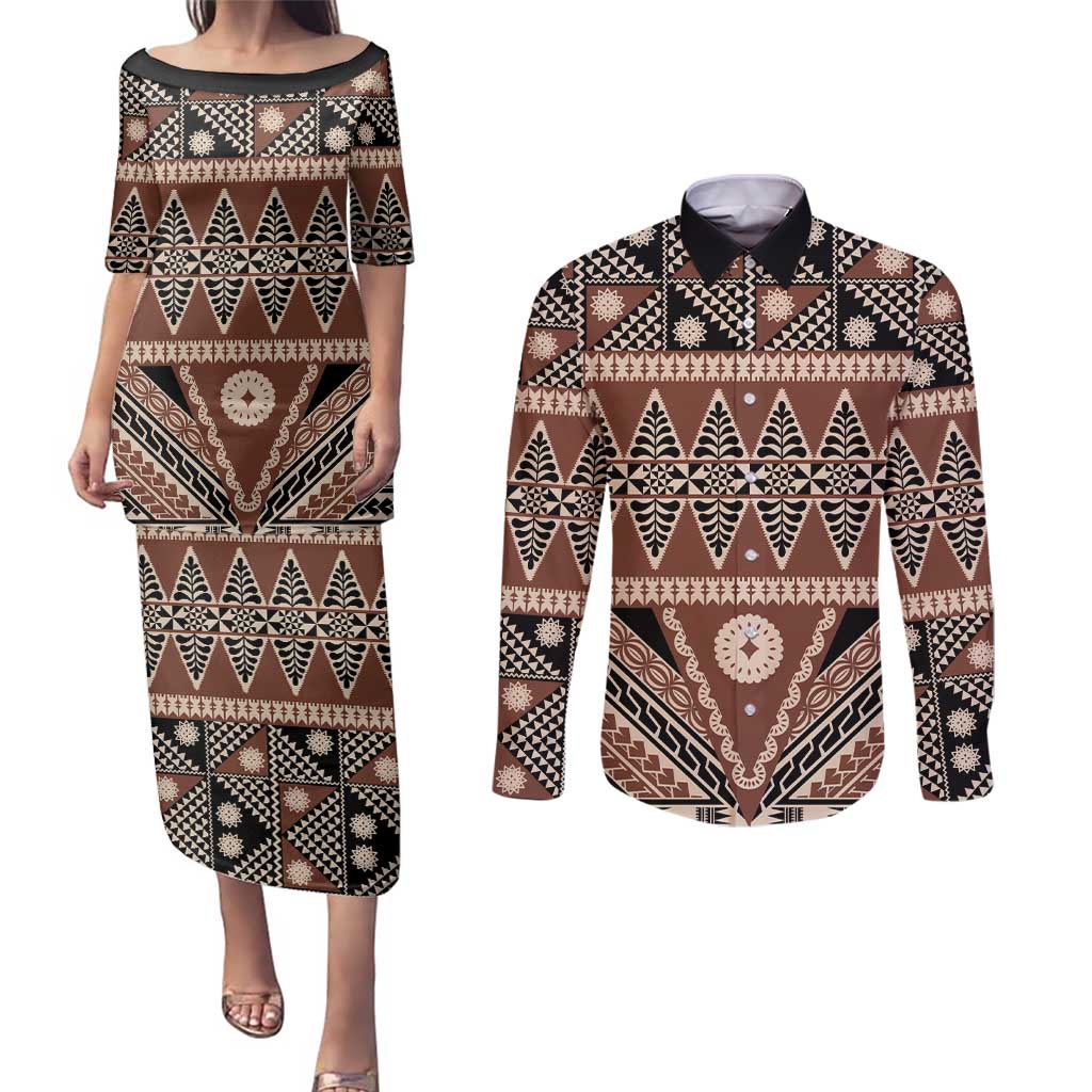 Vintage Bula Fiji Couples Matching Puletasi and Long Sleeve Button Shirt Brown Tapa Masi Motif LT9 Brown - Polynesian Pride