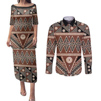 Vintage Bula Fiji Couples Matching Puletasi and Long Sleeve Button Shirt Brown Tapa Masi Motif LT9 Brown - Polynesian Pride