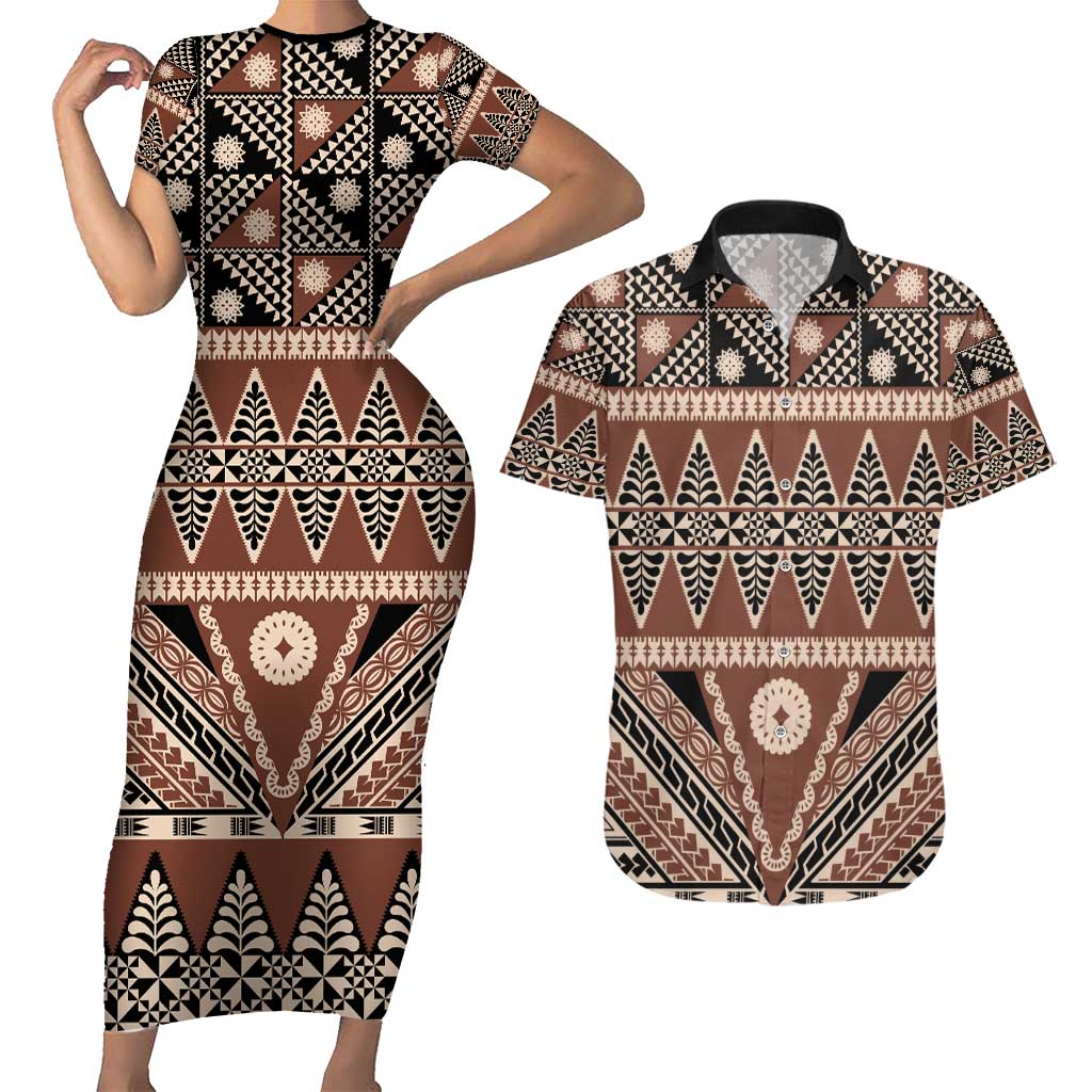 Vintage Bula Fiji Couples Matching Short Sleeve Bodycon Dress and Hawaiian Shirt Brown Tapa Masi Motif LT9 Brown - Polynesian Pride