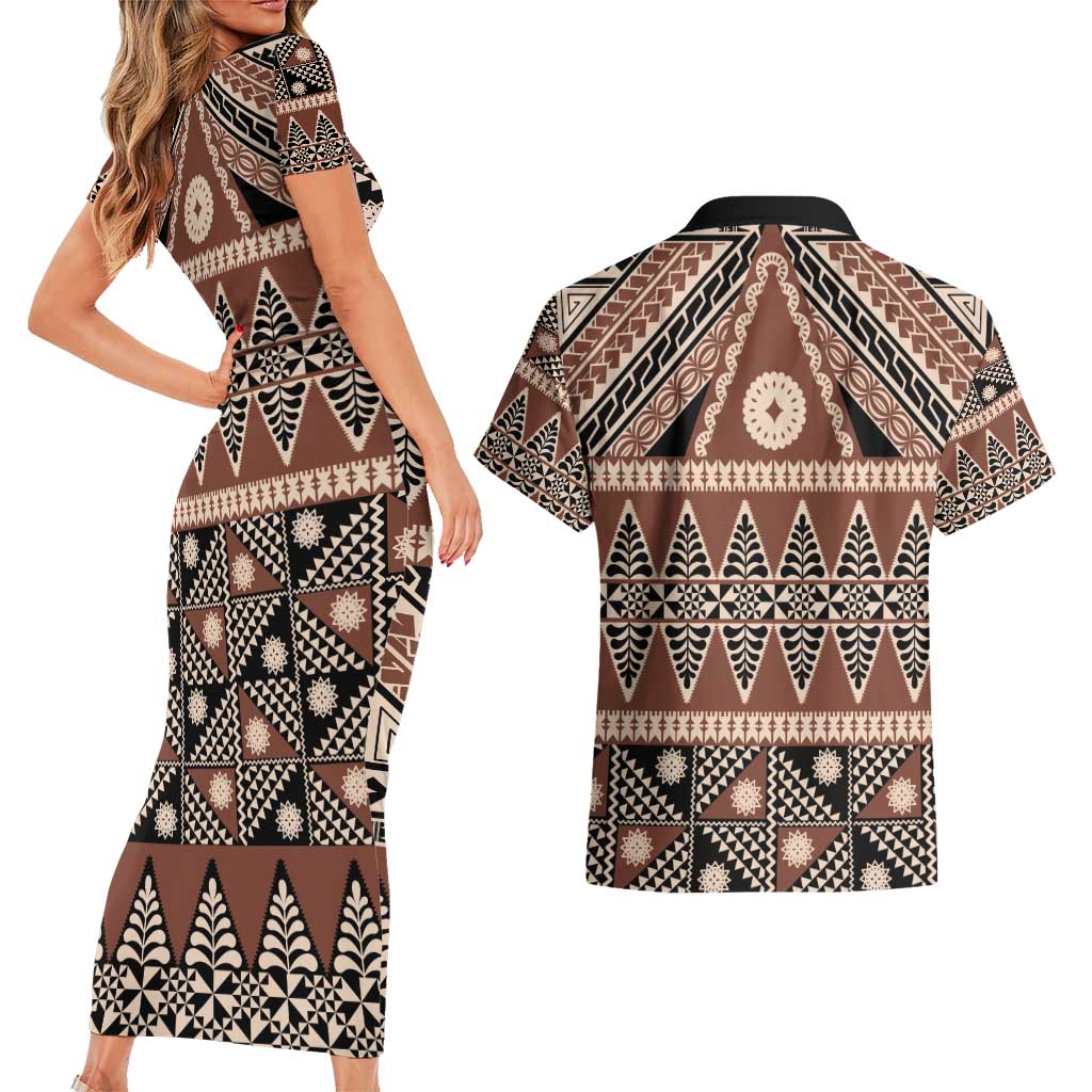 Vintage Bula Fiji Couples Matching Short Sleeve Bodycon Dress and Hawaiian Shirt Brown Tapa Masi Motif LT9 - Polynesian Pride