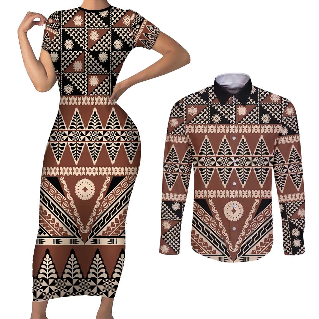 Vintage Bula Fiji Couples Matching Short Sleeve Bodycon Dress and Long Sleeve Button Shirt Brown Tapa Masi Motif LT9 Brown - Polynesian Pride