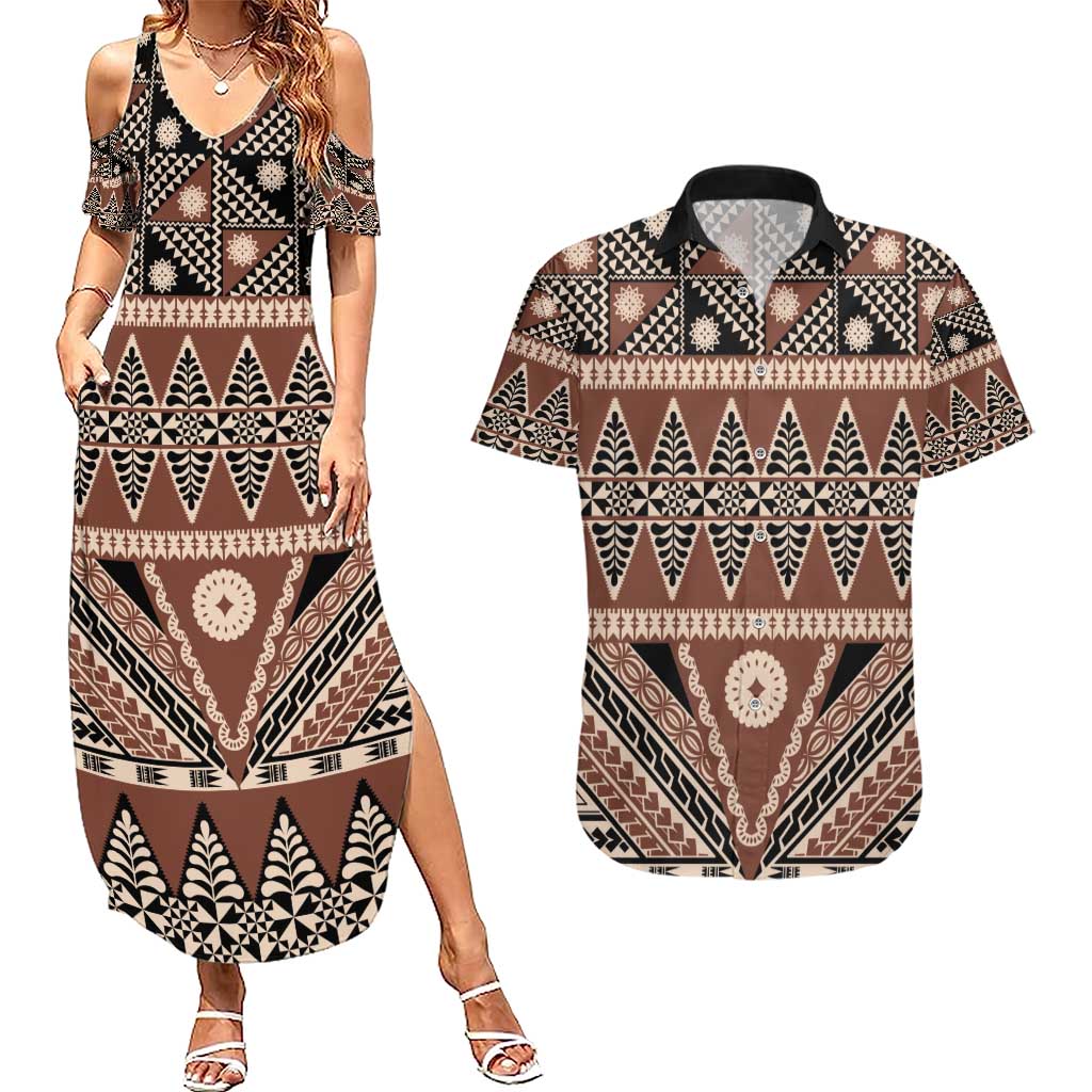 Vintage Bula Fiji Couples Matching Summer Maxi Dress and Hawaiian Shirt Brown Tapa Masi Motif LT9 Brown - Polynesian Pride
