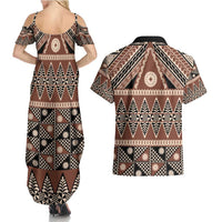 Vintage Bula Fiji Couples Matching Summer Maxi Dress and Hawaiian Shirt Brown Tapa Masi Motif LT9 - Polynesian Pride
