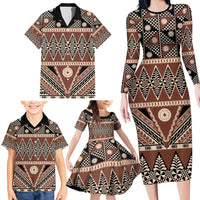 Vintage Bula Fiji Family Matching Long Sleeve Bodycon Dress and Hawaiian Shirt Brown Tapa Masi Motif LT9 - Polynesian Pride