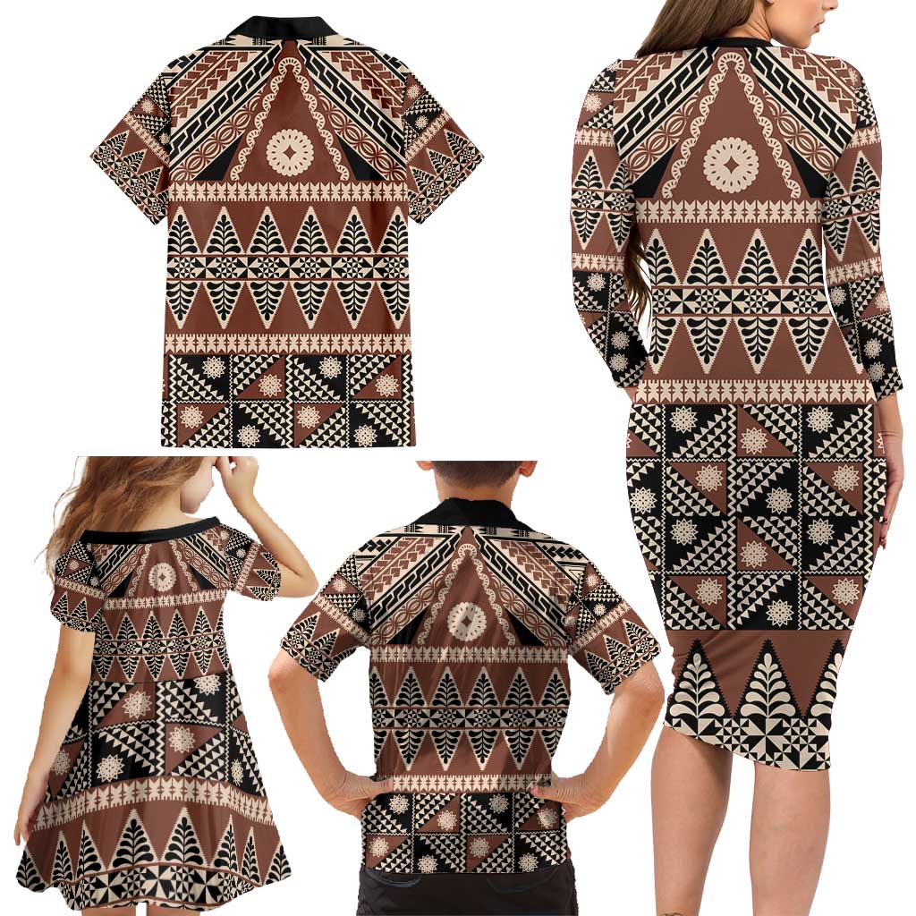 Vintage Bula Fiji Family Matching Long Sleeve Bodycon Dress and Hawaiian Shirt Brown Tapa Masi Motif LT9 - Polynesian Pride