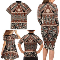 Vintage Bula Fiji Family Matching Long Sleeve Bodycon Dress and Hawaiian Shirt Brown Tapa Masi Motif LT9 - Polynesian Pride