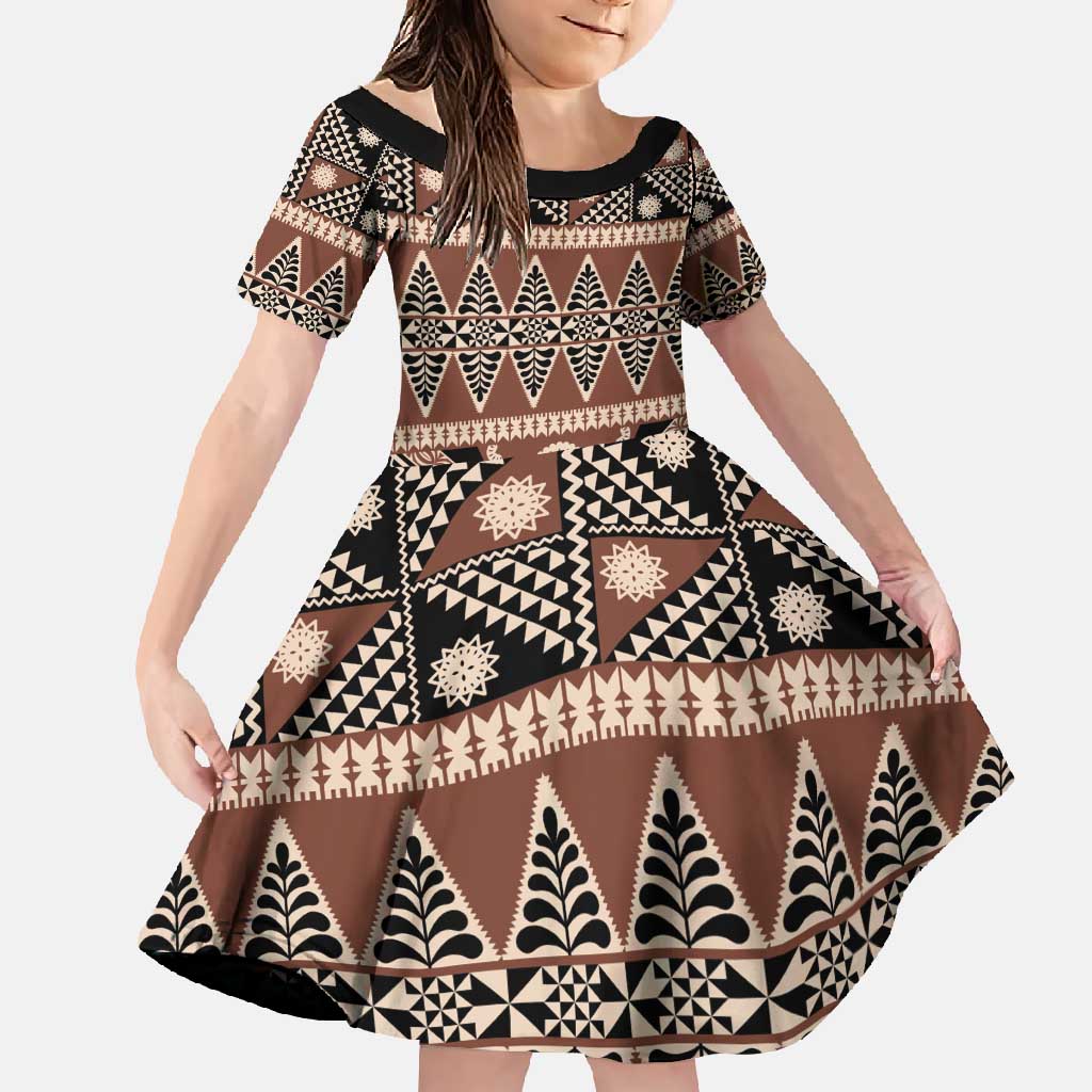 Vintage Bula Fiji Family Matching Mermaid Dress and Hawaiian Shirt Brown Tapa Masi Motif LT9 Daughter's Dress Brown - Polynesian Pride