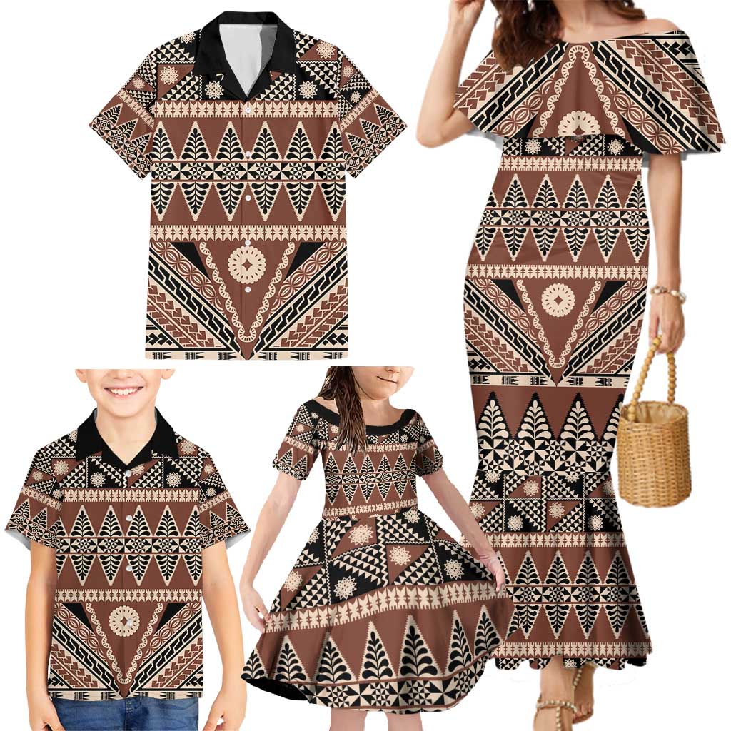 Vintage Bula Fiji Family Matching Mermaid Dress and Hawaiian Shirt Brown Tapa Masi Motif