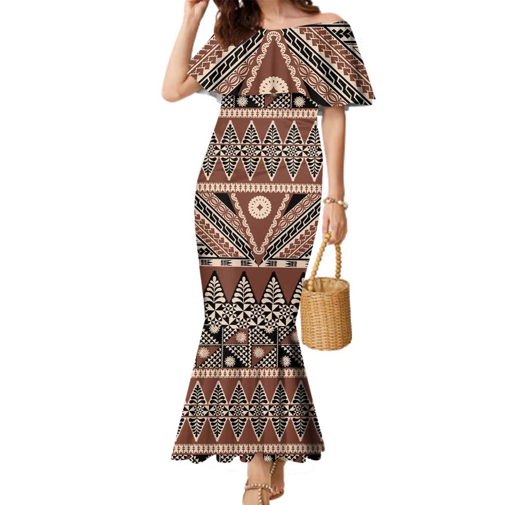 Vintage Bula Fiji Family Matching Mermaid Dress and Hawaiian Shirt Brown Tapa Masi Motif LT9 Mom's Dress Brown - Polynesian Pride