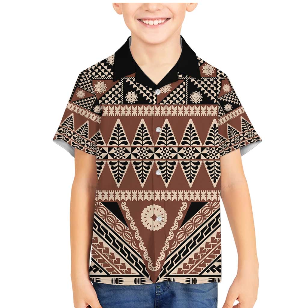 Vintage Bula Fiji Family Matching Mermaid Dress and Hawaiian Shirt Brown Tapa Masi Motif LT9 Son's Shirt Brown - Polynesian Pride