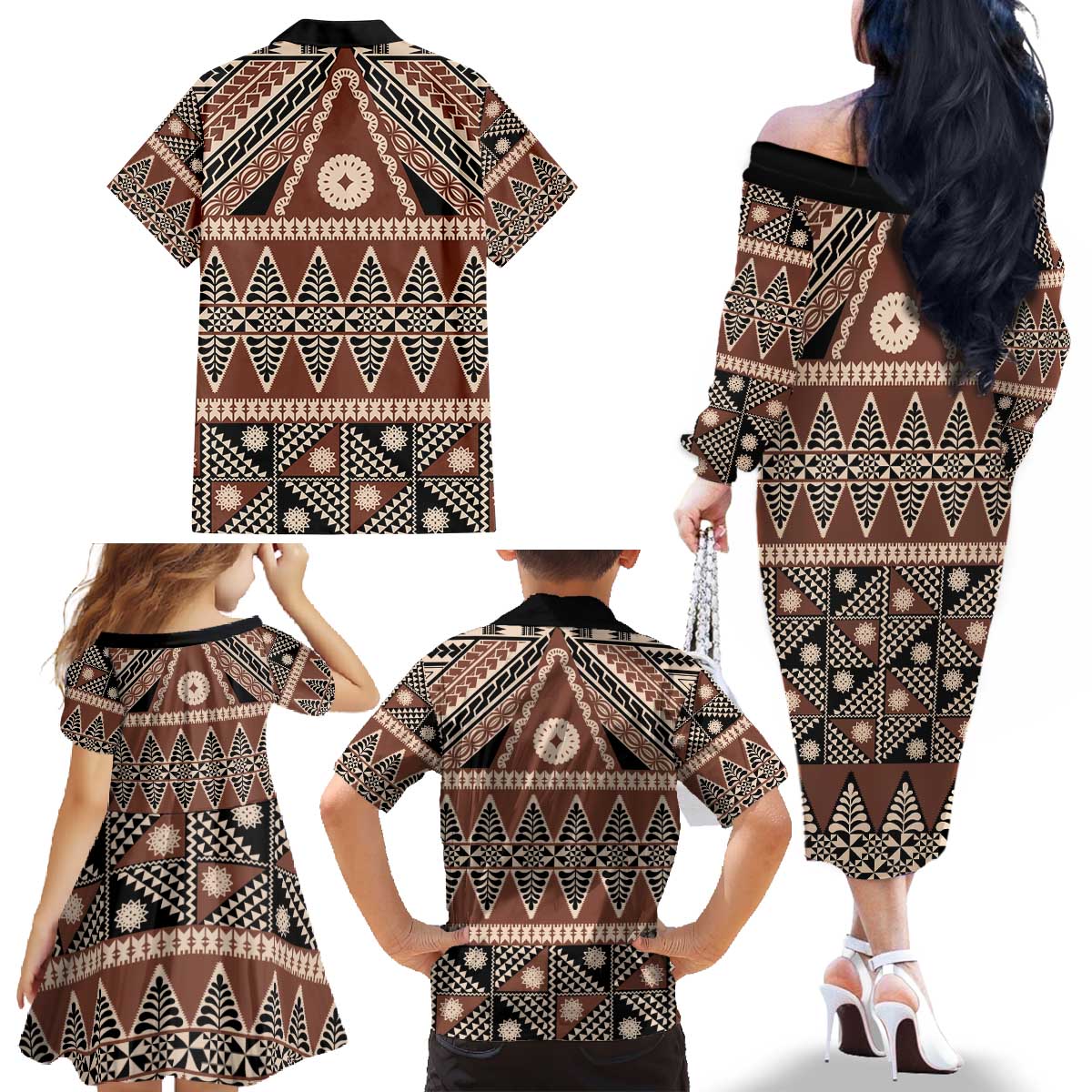 Vintage Bula Fiji Family Matching Off The Shoulder Long Sleeve Dress and Hawaiian Shirt Brown Tapa Masi Motif LT9 - Polynesian Pride