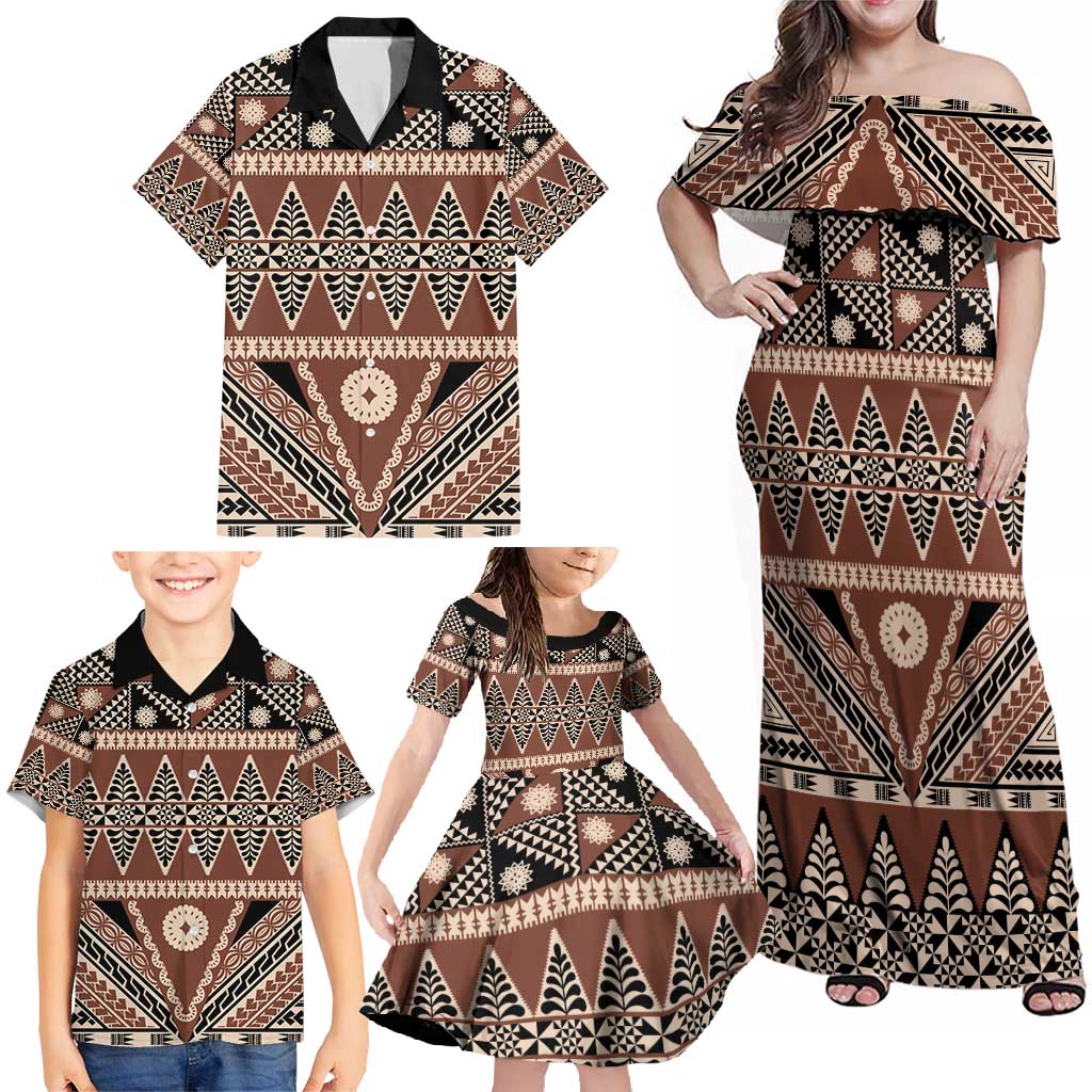 Vintage Bula Fiji Family Matching Off Shoulder Maxi Dress and Hawaiian Shirt Brown Tapa Masi Motif