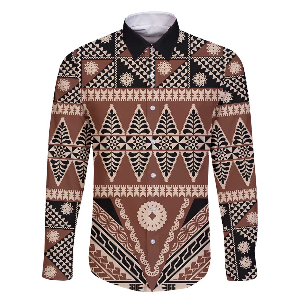 Vintage Bula Fiji Family Matching Off Shoulder Maxi Dress and Hawaiian Shirt Brown Tapa Masi Motif LT9 Dad's Shirt - Long Sleeve Brown - Polynesian Pride