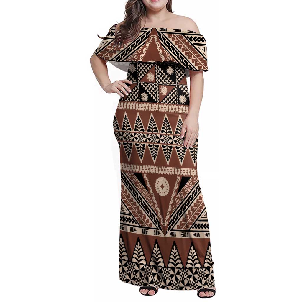Vintage Bula Fiji Family Matching Off Shoulder Maxi Dress and Hawaiian Shirt Brown Tapa Masi Motif LT9 Mom's Dress Brown - Polynesian Pride