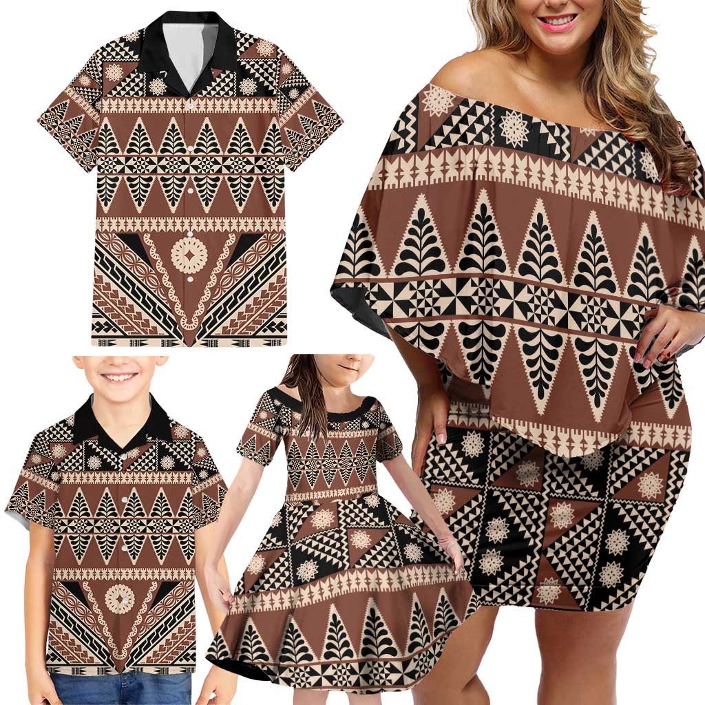 Vintage Bula Fiji Family Matching Off Shoulder Short Dress and Hawaiian Shirt Brown Tapa Masi Motif