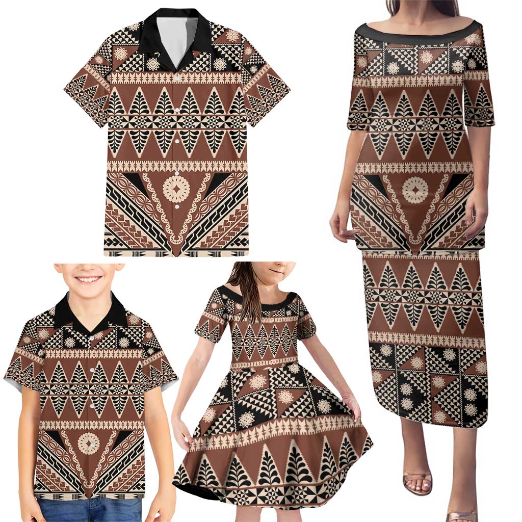 Vintage Bula Fiji Family Matching Puletasi and Hawaiian Shirt Brown Tapa Masi Motif LT9 - Polynesian Pride
