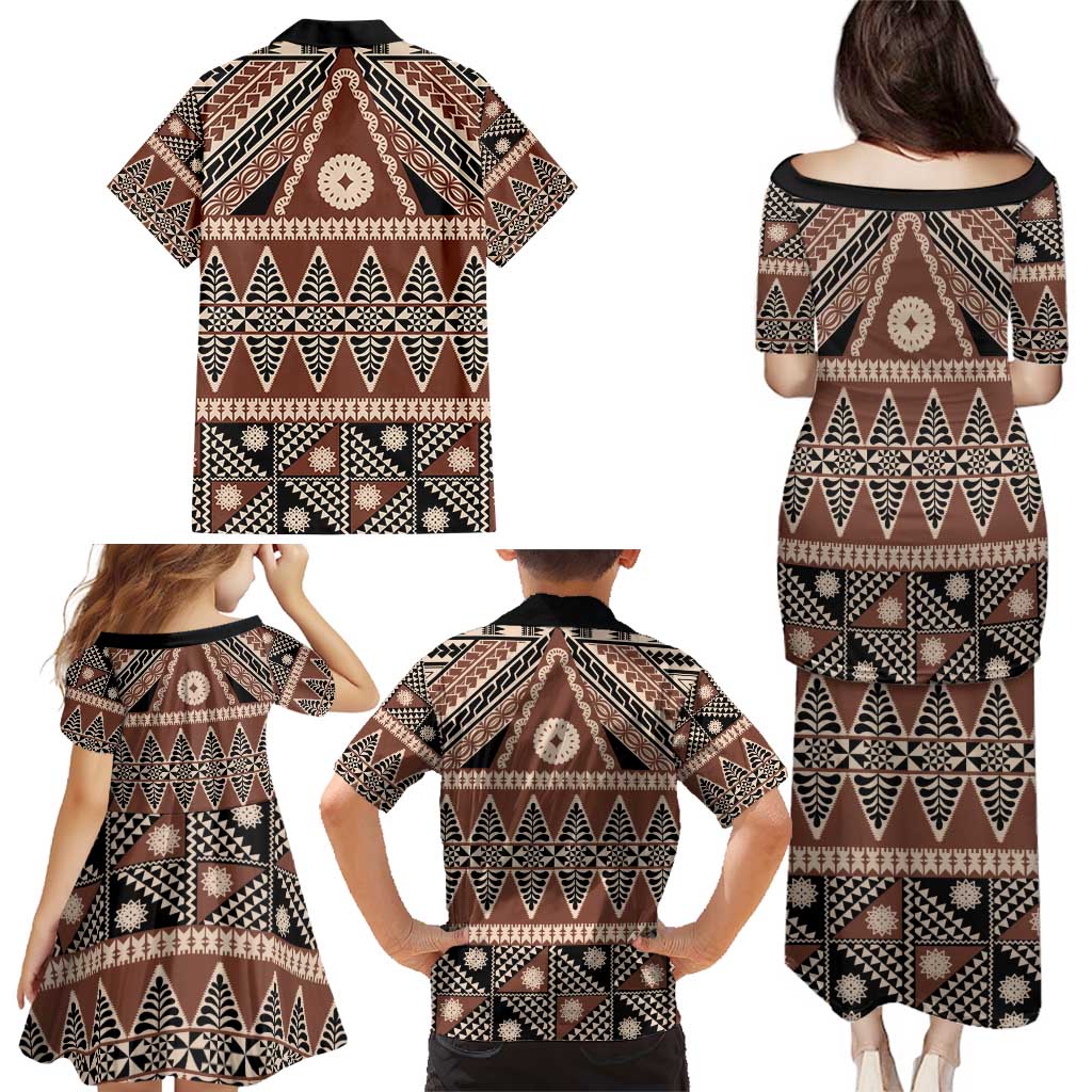 Vintage Bula Fiji Family Matching Puletasi and Hawaiian Shirt Brown Tapa Masi Motif LT9 - Polynesian Pride