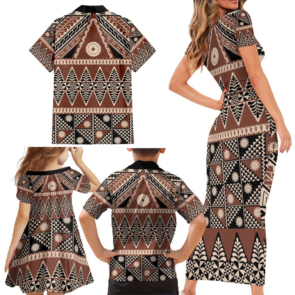Vintage Bula Fiji Family Matching Short Sleeve Bodycon Dress and Hawaiian Shirt Brown Tapa Masi Motif LT9 - Polynesian Pride