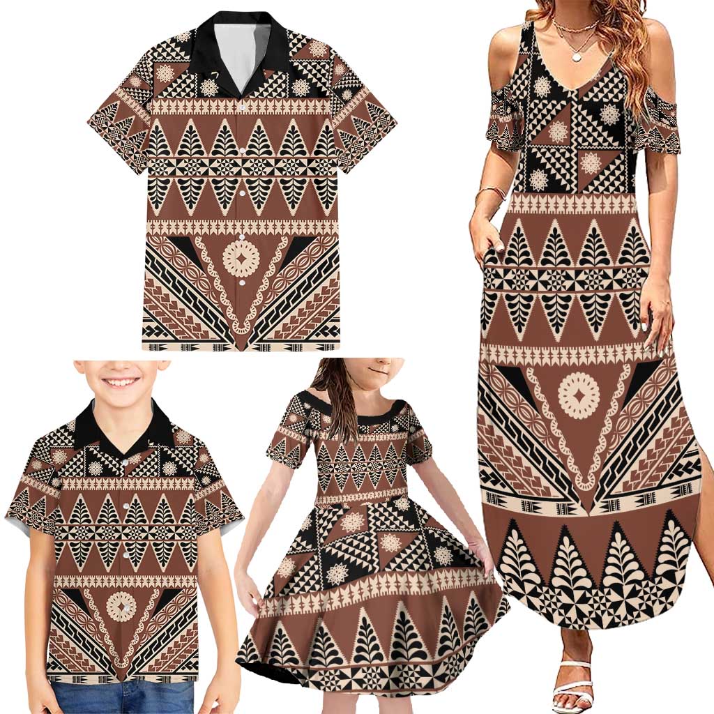 Vintage Bula Fiji Family Matching Summer Maxi Dress and Hawaiian Shirt Brown Tapa Masi Motif LT9 - Polynesian Pride
