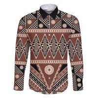 Vintage Bula Fiji Family Matching Summer Maxi Dress and Hawaiian Shirt Brown Tapa Masi Motif LT9 Dad's Shirt - Long Sleeve Brown - Polynesian Pride