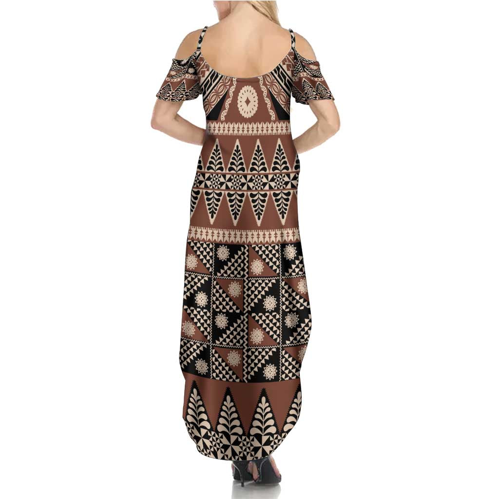 Vintage Bula Fiji Family Matching Summer Maxi Dress and Hawaiian Shirt Brown Tapa Masi Motif LT9 - Polynesian Pride
