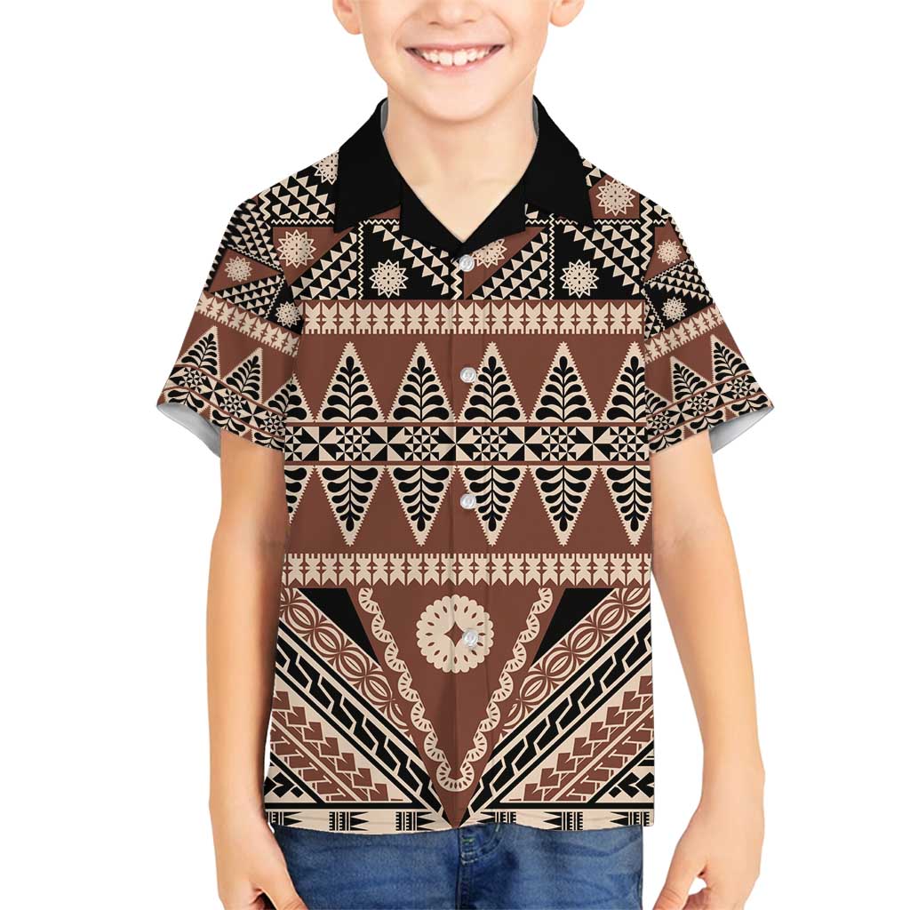 Vintage Bula Fiji Family Matching Summer Maxi Dress and Hawaiian Shirt Brown Tapa Masi Motif LT9 Son's Shirt Brown - Polynesian Pride
