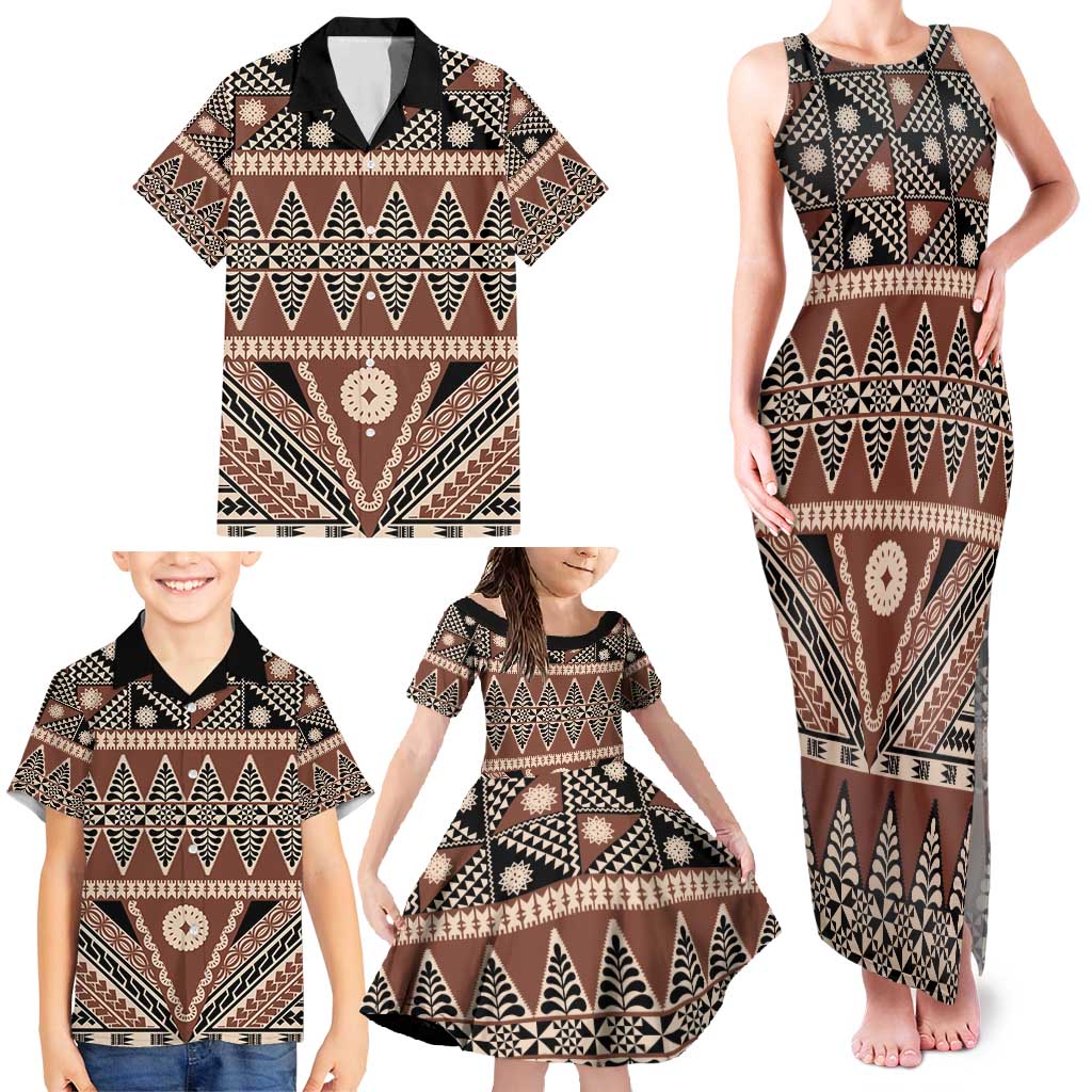 Vintage Bula Fiji Family Matching Tank Maxi Dress and Hawaiian Shirt Brown Tapa Masi Motif