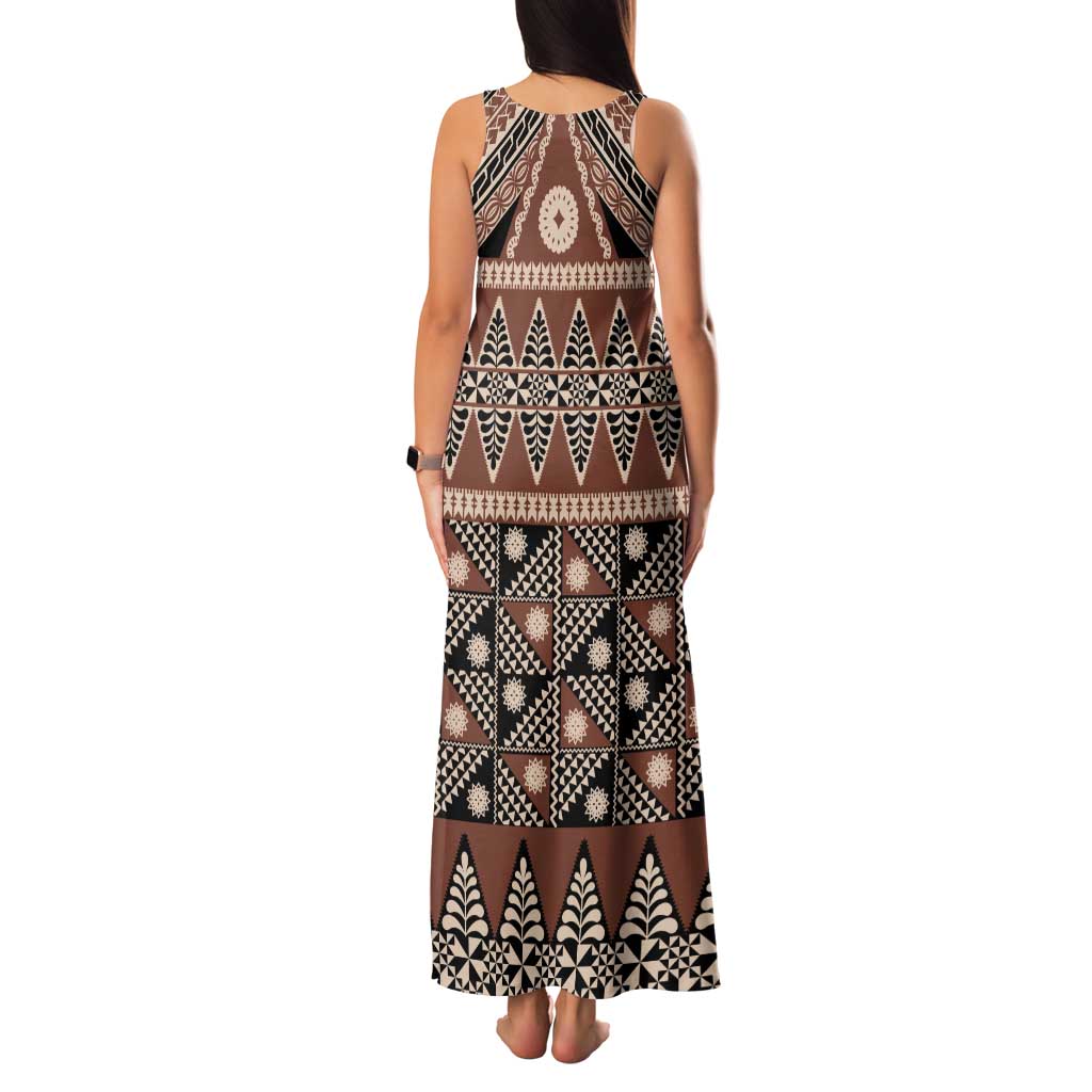 Vintage Bula Fiji Family Matching Tank Maxi Dress and Hawaiian Shirt Brown Tapa Masi Motif LT9 - Polynesian Pride