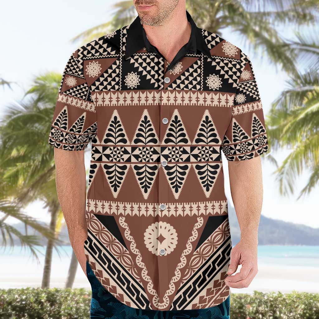 Vintage Bula Fiji Hawaiian Shirt Brown Tapa Masi Motif