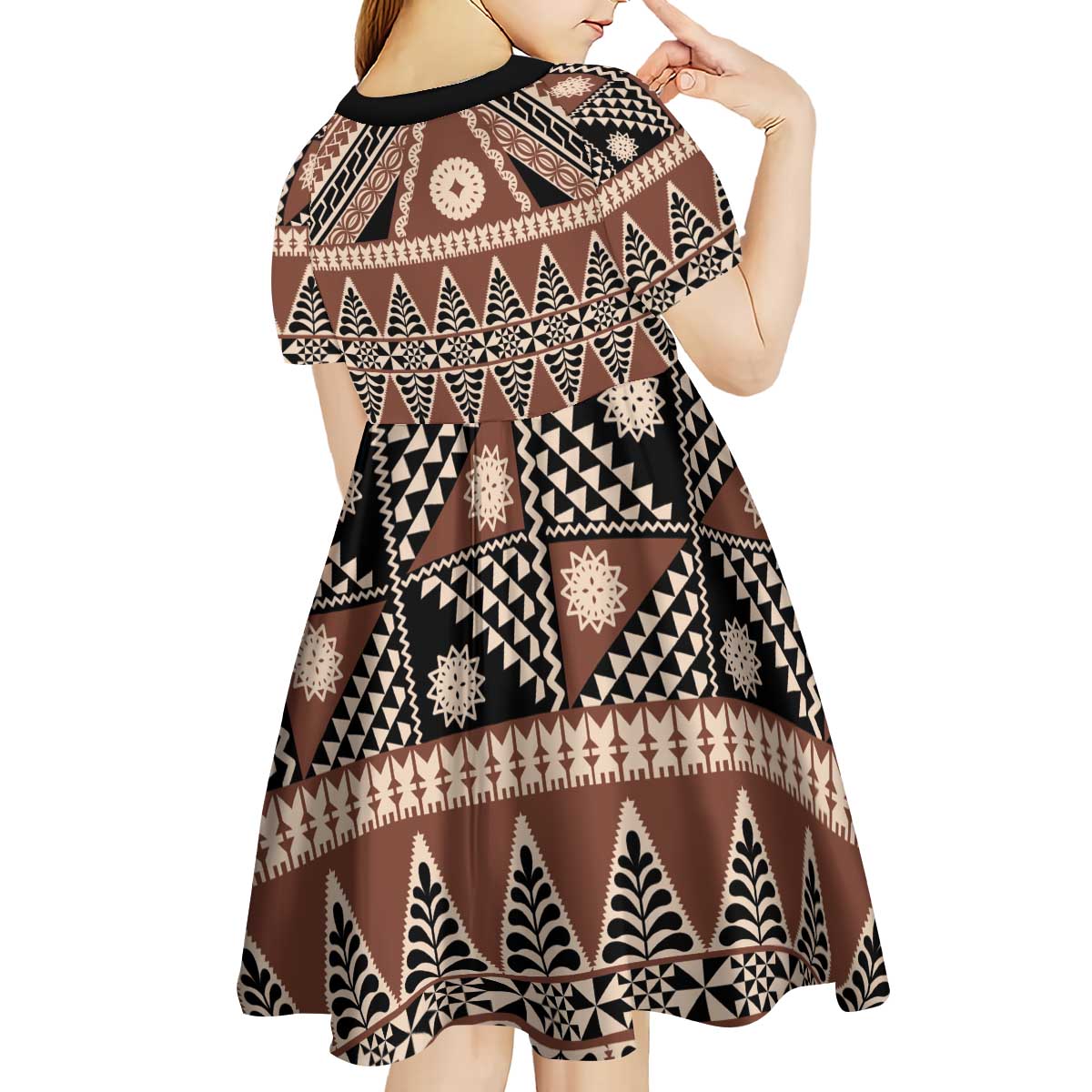 Vintage Bula Fiji Kid Short Sleeve Dress Brown Tapa Masi Motif