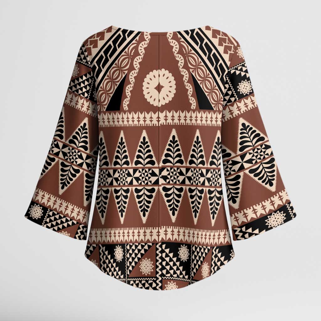 Vintage Bula Fiji Kimono Sleeve Blouse Brown Tapa Masi Motif - Polynesian Pride