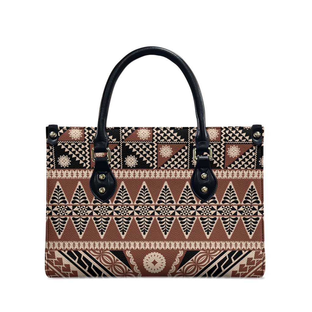 Vintage Bula Fiji Leather Bag Brown Tapa Masi Motif - Polynesian Pride
