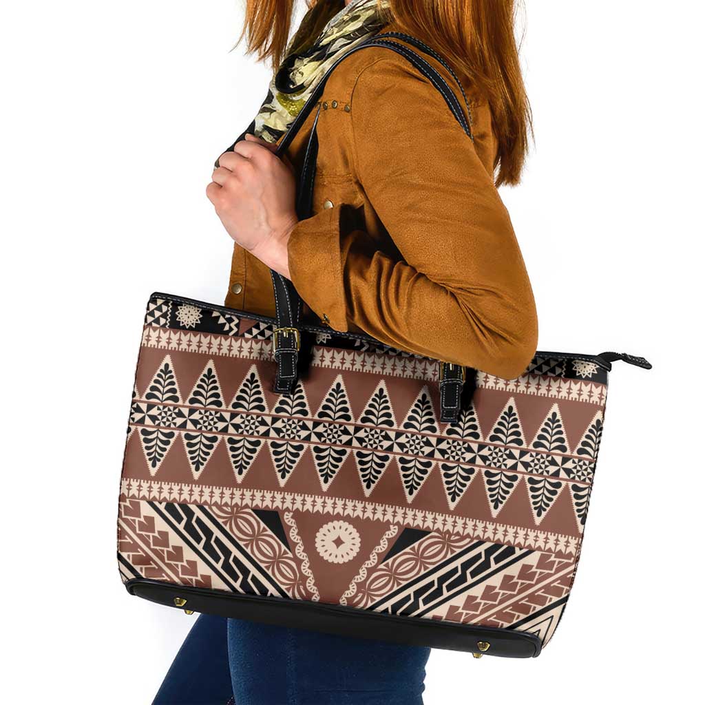 Vintage Bula Fiji Leather Tote Bag Brown Tapa Masi Motif LT9 Brown - Polynesian Pride