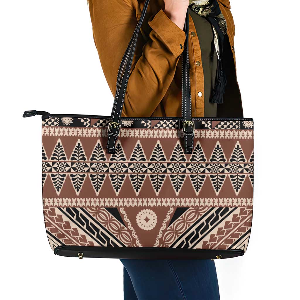 Vintage Bula Fiji Leather Tote Bag Brown Tapa Masi Motif LT9 - Polynesian Pride