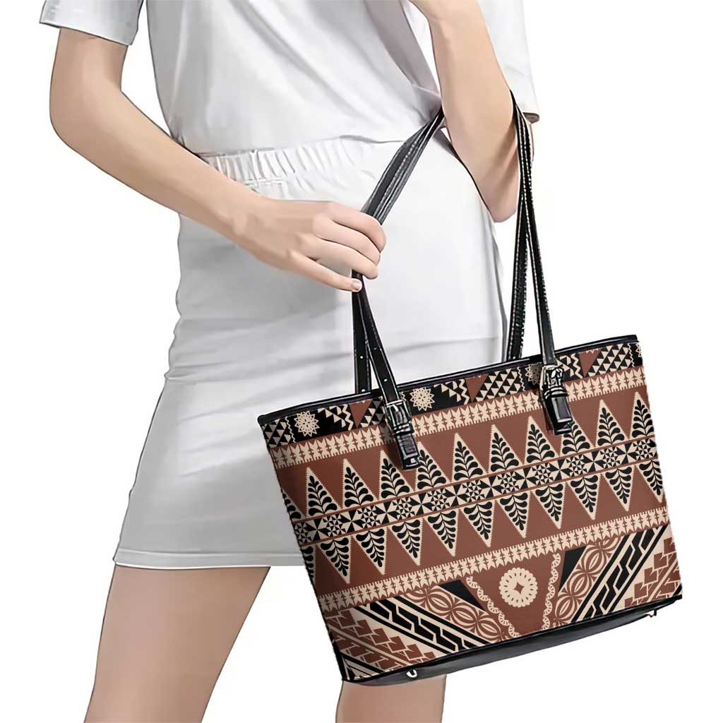 Vintage Bula Fiji Leather Tote Bag Brown Tapa Masi Motif LT9 - Polynesian Pride