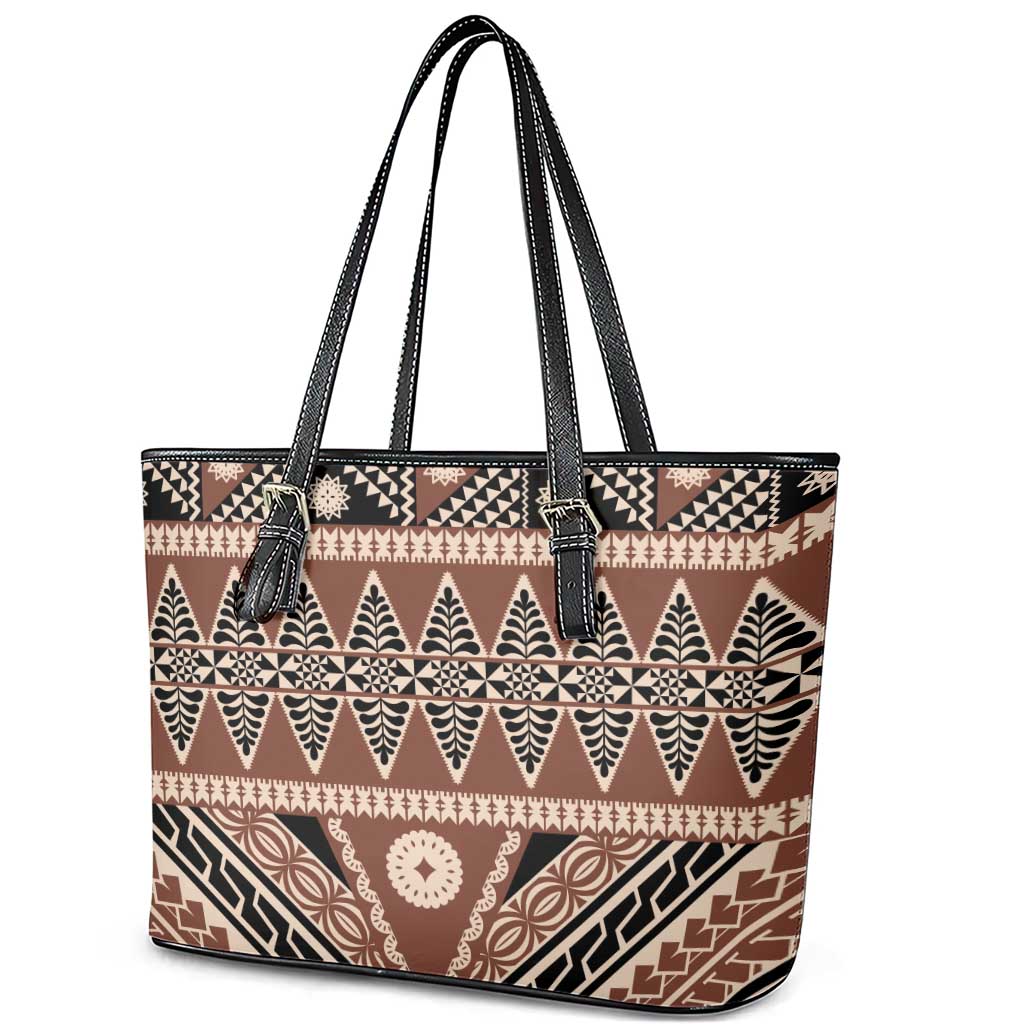 Vintage Bula Fiji Leather Tote Bag Brown Tapa Masi Motif LT9 - Polynesian Pride