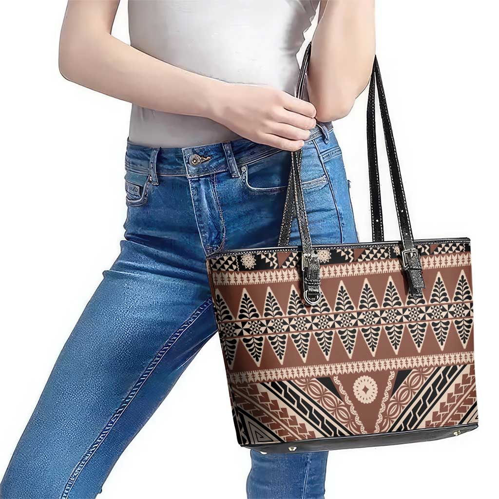 Vintage Bula Fiji Leather Tote Bag Brown Tapa Masi Motif LT9 - Polynesian Pride