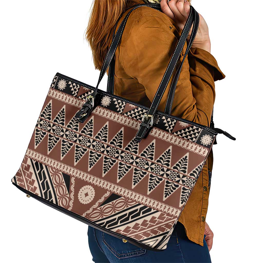 Vintage Bula Fiji Leather Tote Bag Brown Tapa Masi Motif LT9 - Polynesian Pride