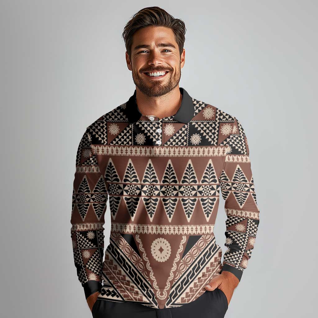 Vintage Bula Fiji Long Sleeve Polo Shirt Brown Tapa Masi Motif