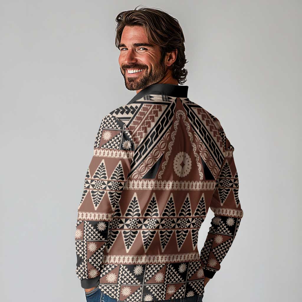 Vintage Bula Fiji Long Sleeve Polo Shirt Brown Tapa Masi Motif