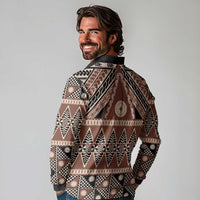 Vintage Bula Fiji Long Sleeve Polo Shirt Brown Tapa Masi Motif