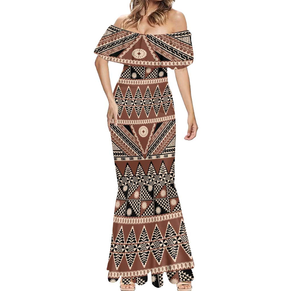 Vintage Bula Fiji Mermaid Dress Brown Tapa Masi Motif