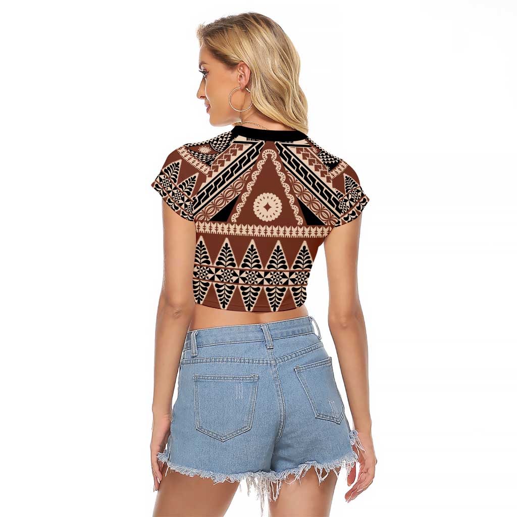 Vintage Bula Fiji Raglan Cropped T Shirt Brown Tapa Masi Motif