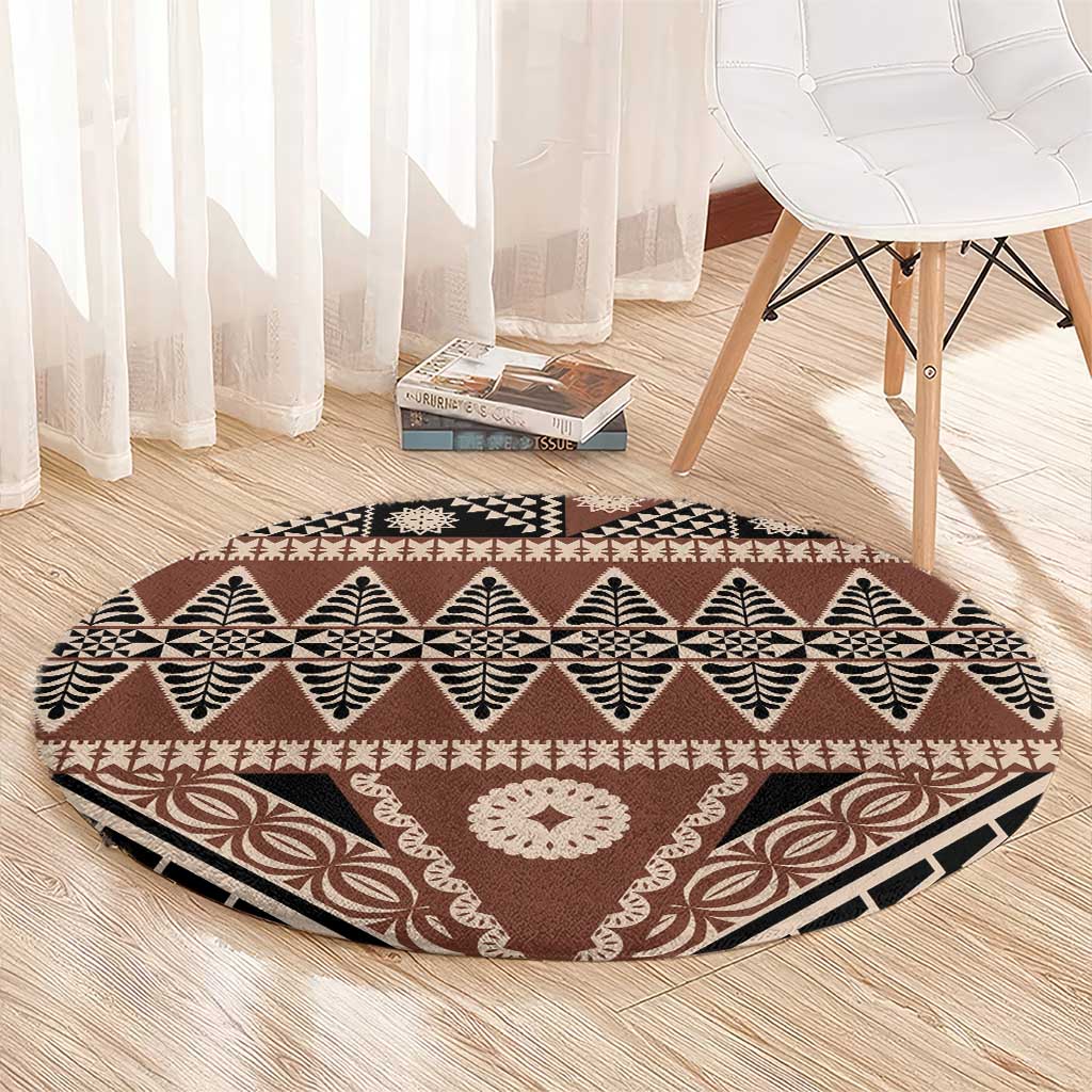 Vintage Bula Fiji Round Carpet Brown Tapa Masi Motif