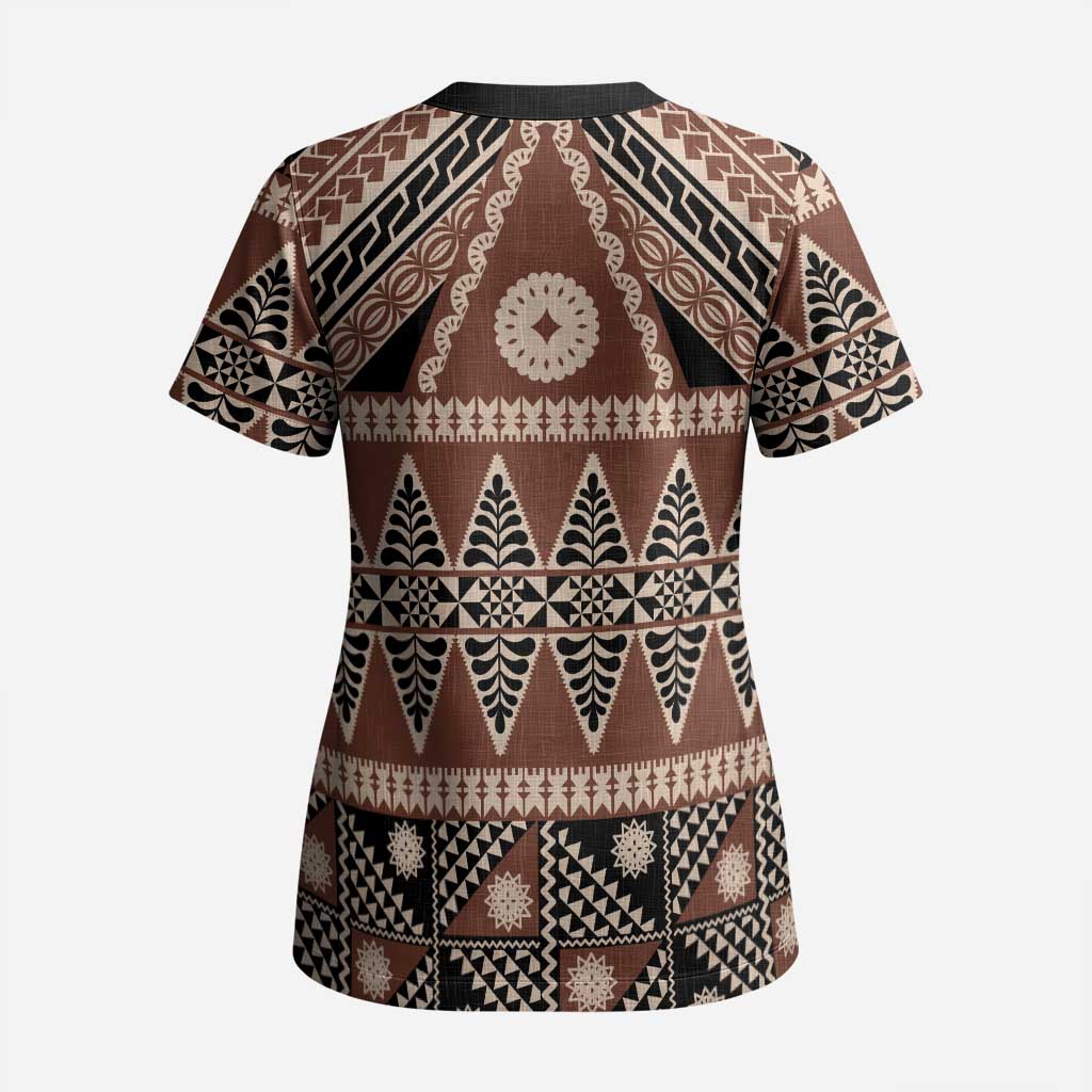Vintage Bula Fiji Scrub Top Brown Tapa Masi Motif - Polynesian Pride