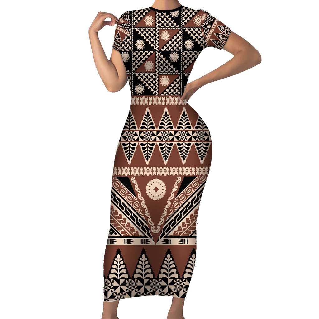 Vintage Bula Fiji Short Sleeve Bodycon Dress Brown Tapa Masi Motif LT9 Long Dress Brown - Polynesian Pride
