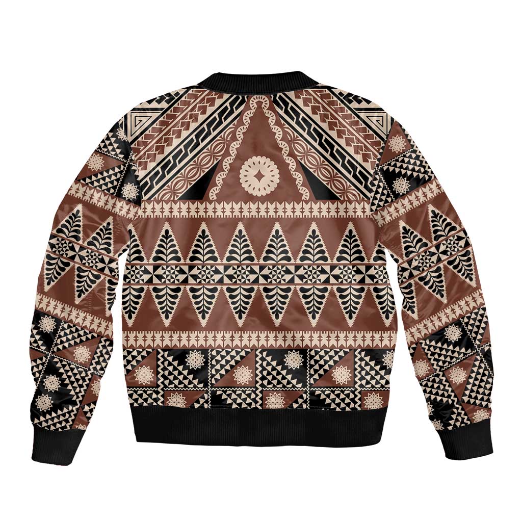 Vintage Bula Fiji Sleeve Zip Bomber Jacket Brown Tapa Masi Motif
