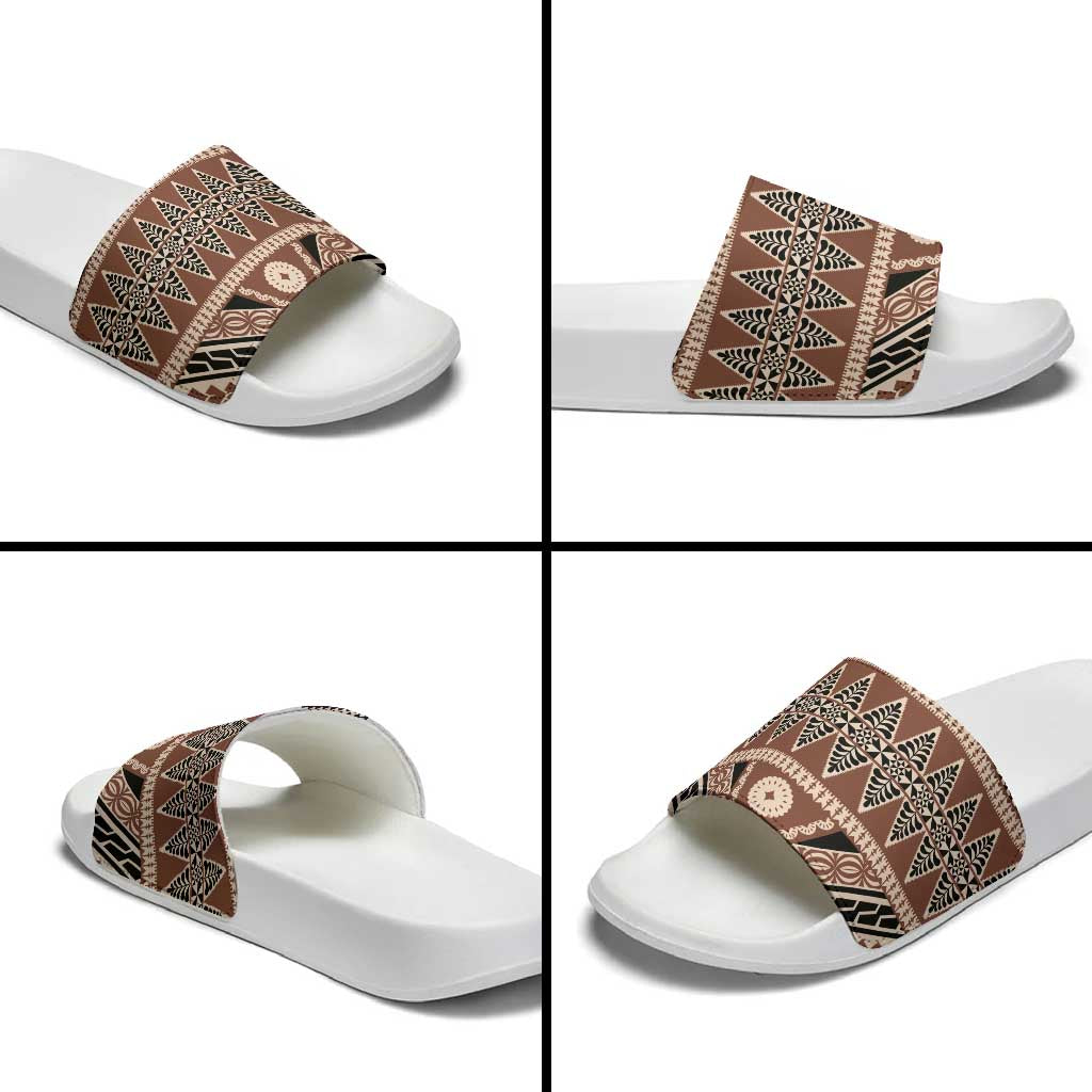 Vintage Bula Fiji Slide Sandals Brown Tapa Masi Motif - Polynesian Pride